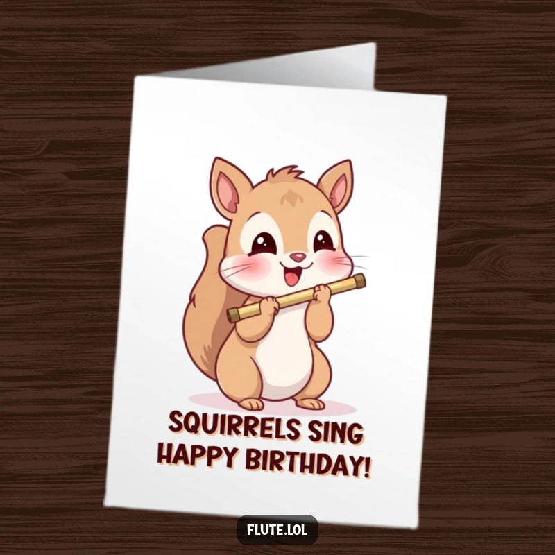 Funny free printable birthday card featuring a delighted squirrel playing a flute with a playful expression.