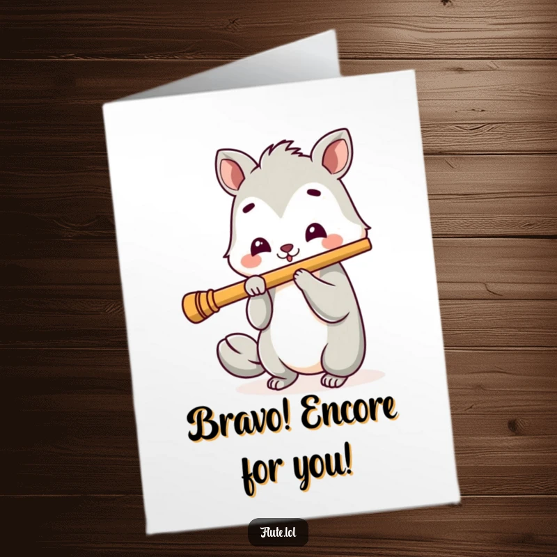 Funny Free Printable Congratulations Card: Happy animal enthusiastically playing a long flute, celebrating your success.