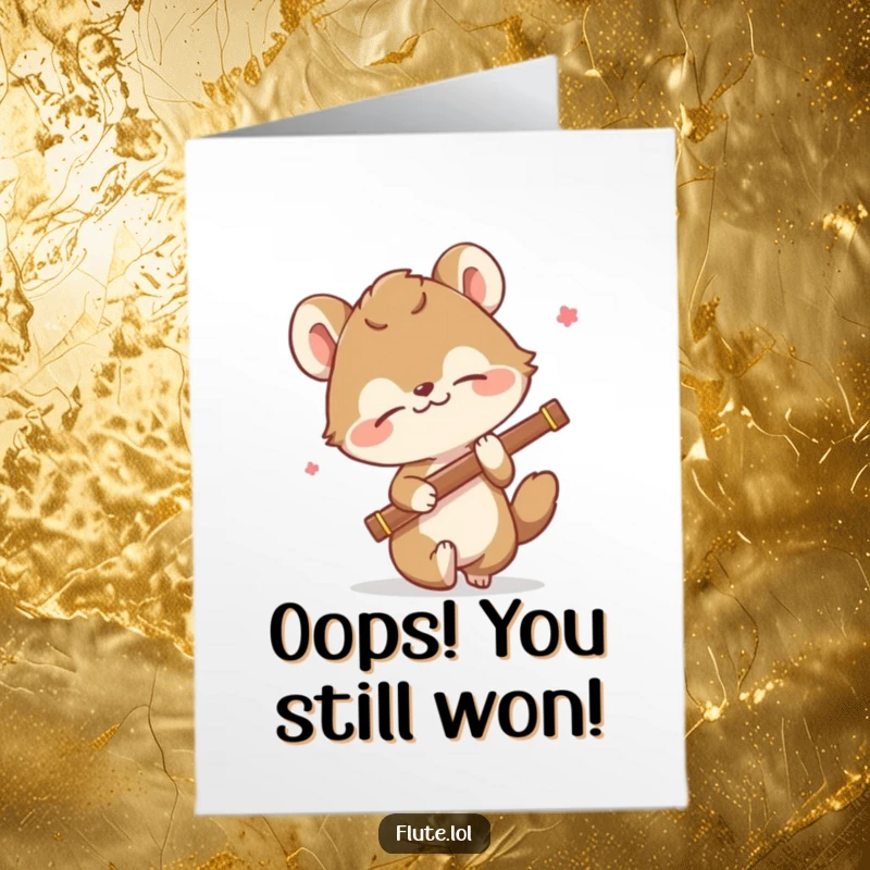 Funny Free Printable Congratulations Card: Animal comically tripping while holding a flute, celebrating with a laugh.