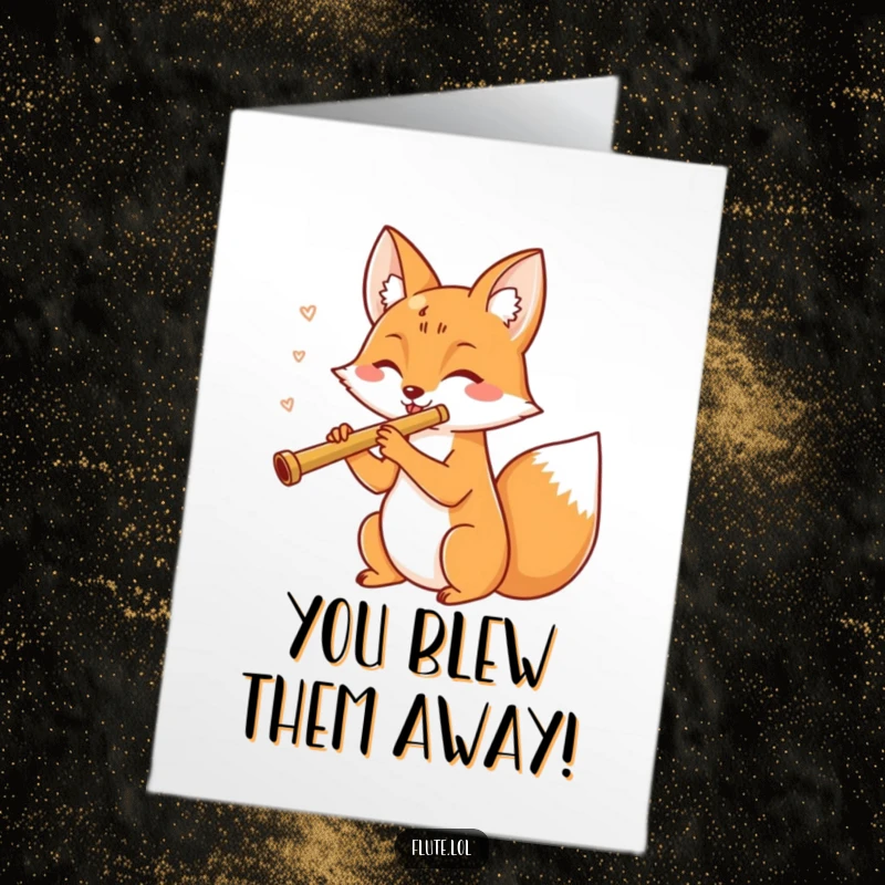 Funny free printable congratulations card of a cheerful fox enthusiastically blowing into a flute.