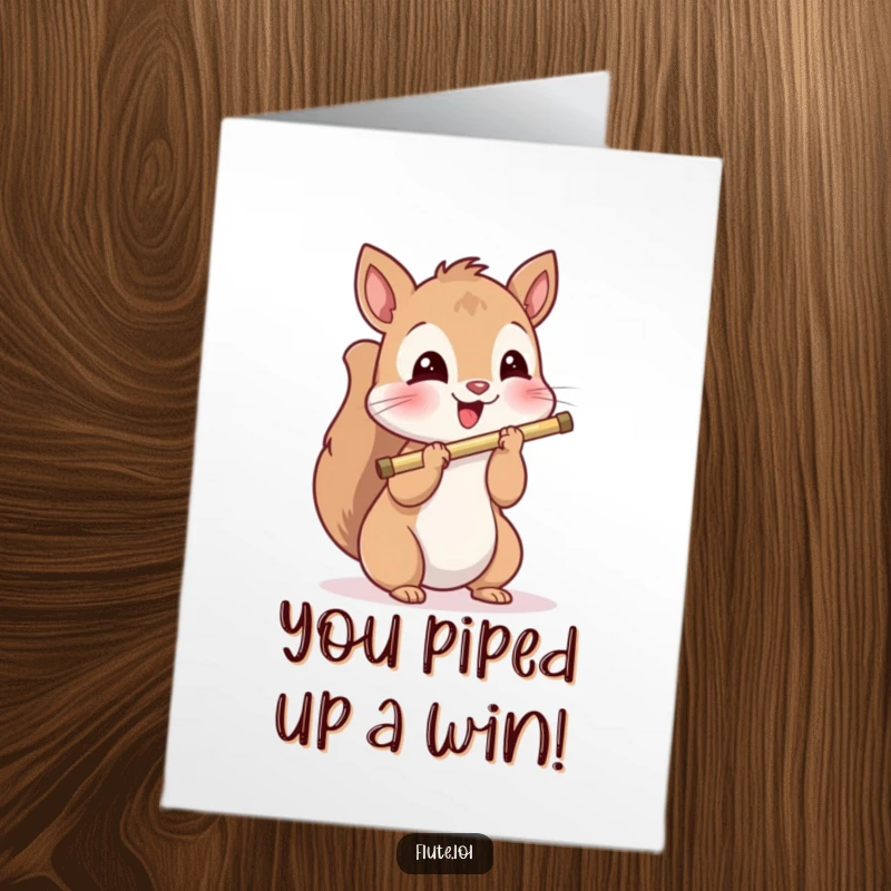 Funny free printable congratulations card of a delighted squirrel playing a flute with a happy look.