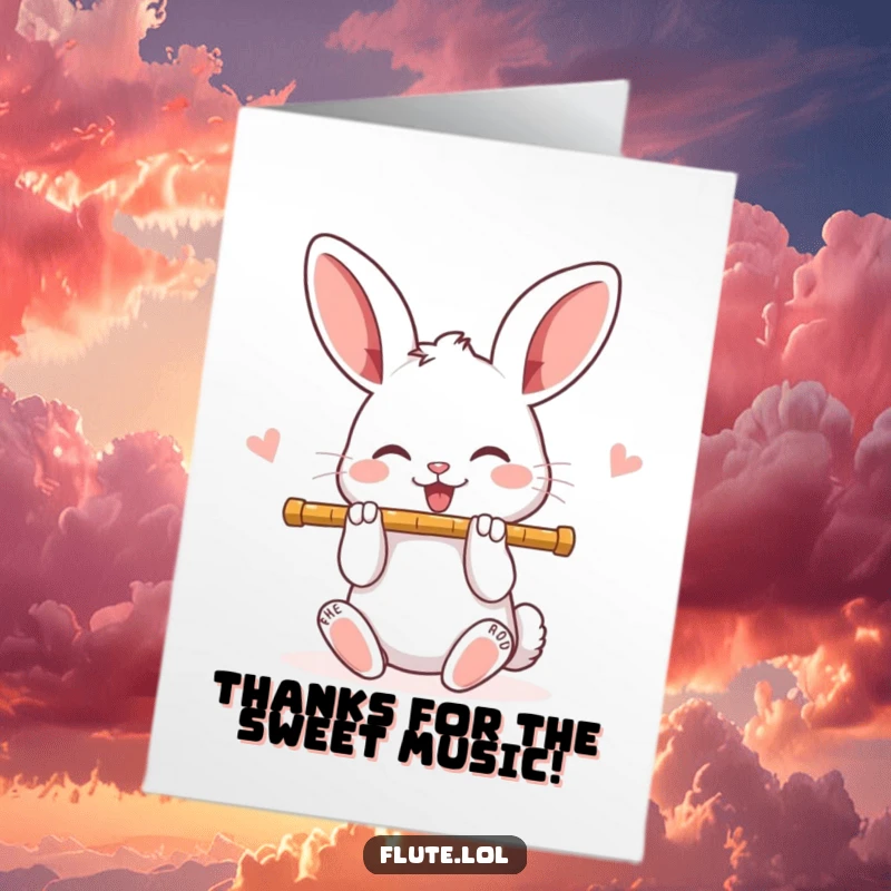 Funny free printable thank you card with a happy rabbit playing a flute, eyes sparkling with joy.