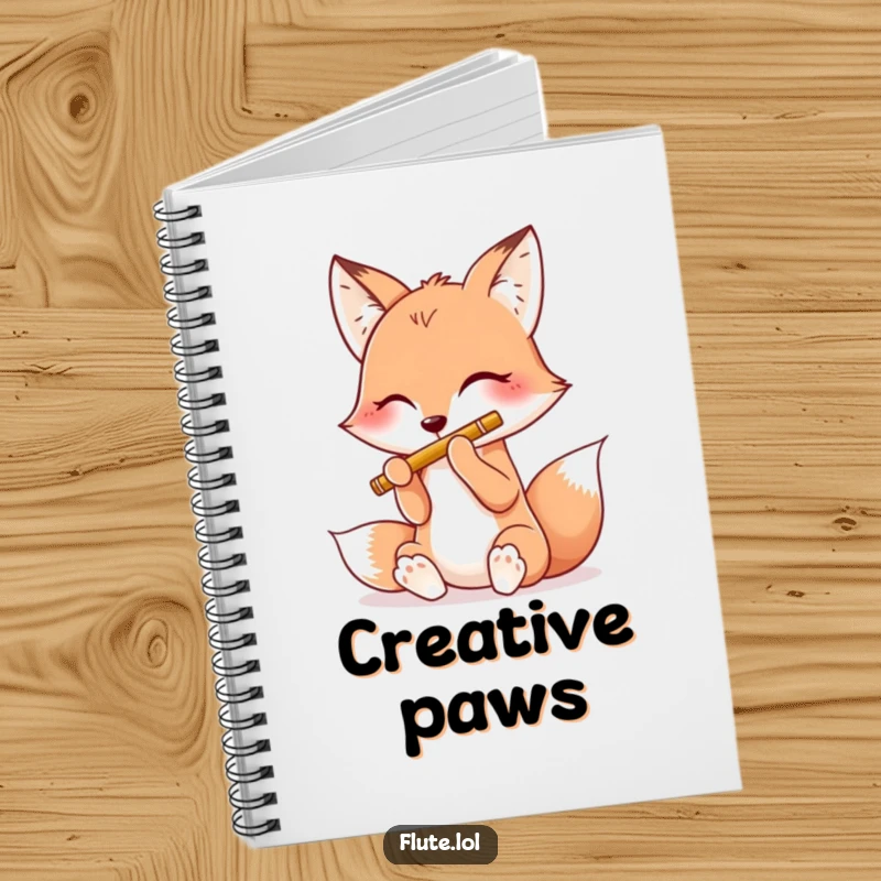 Funny notebook cover with a happy fox playing a flute using all four paws, designed for jotting down cheerful ideas.