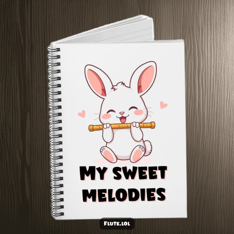 Funny, joyful rabbit playing a flute, perfect for writing musical notes or daily thoughts in this notebook.