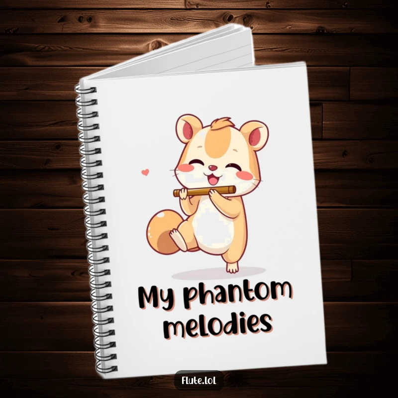 Funny notebook featuring a small animal joyfully tapping its foot while miming flute playing, perfect for capturing rhythmic ideas.