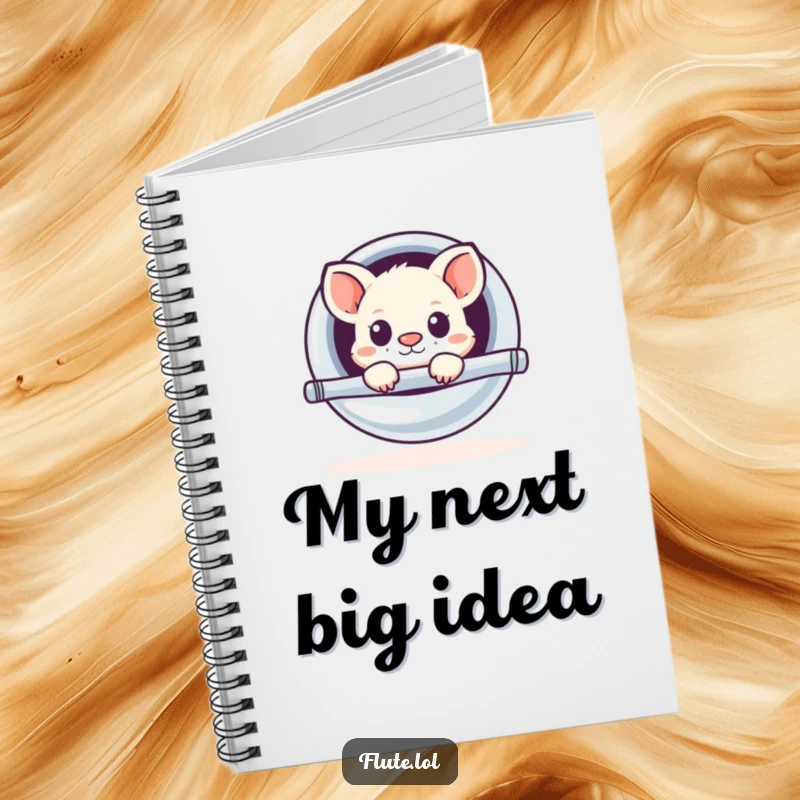 Funny notebook featuring a small, cute animal peeking out from a large, shiny flute, perfect for jotting down funny ideas.