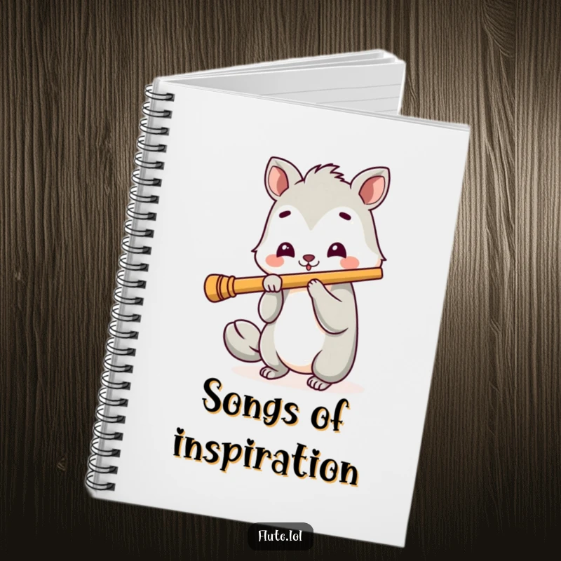 Funny notebook featuring a joyful animal with a cheerful expression playing a long flute, perfect for capturing musical ideas.