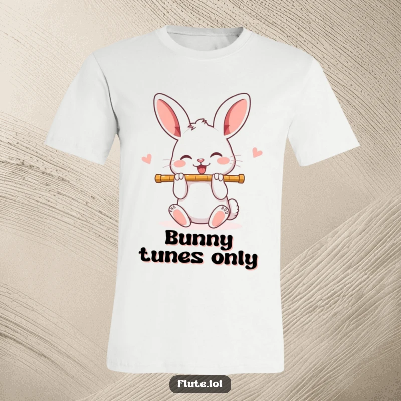 Funny and joyful rabbit playing a wooden flute with wide, happy eyes, looking absolutely delighted on this t-shirt.