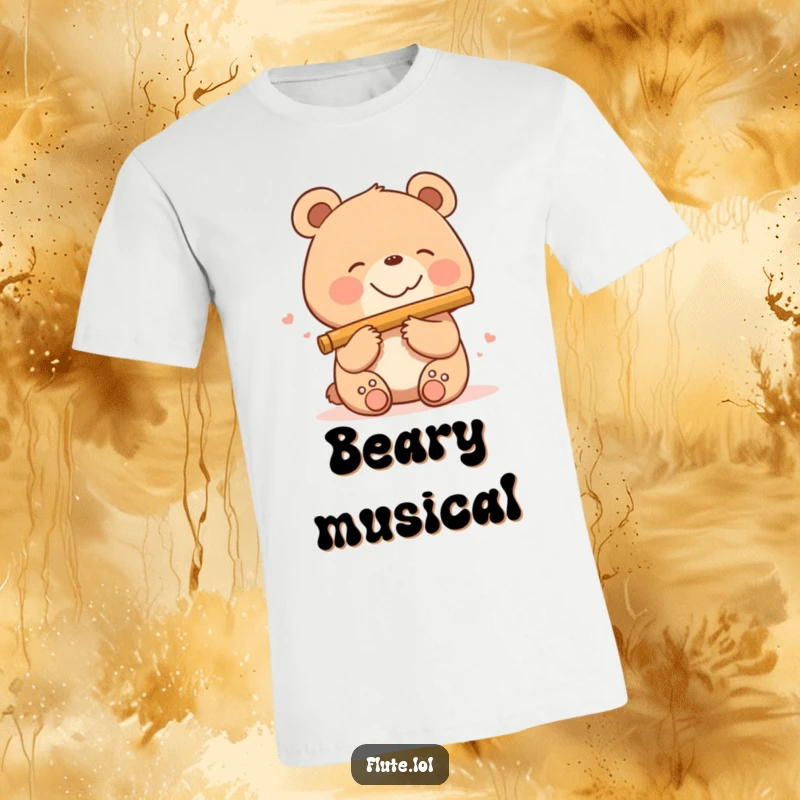 A smiling bear with a happy expression playing a wooden flute, exuding pure joy on this funny t-shirt.