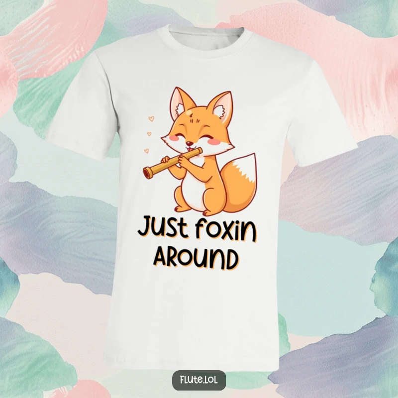 A cheerful fox merrily playing a wooden flute, looking happy and energetic on this funny t-shirt.