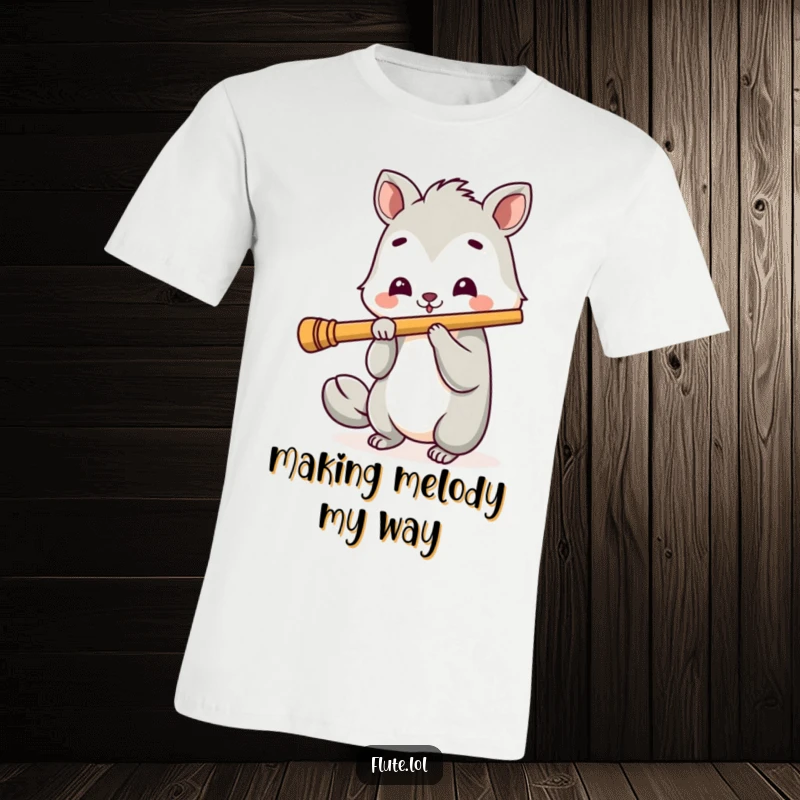 Funny t-shirt featuring a grinning animal with a cheerful expression playing a long, elegant flute with gusto.