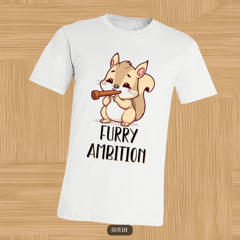 Funny t-shirt of an excited squirrel determinedly playing a miniature flute, showcasing intense concentration and musical effort.