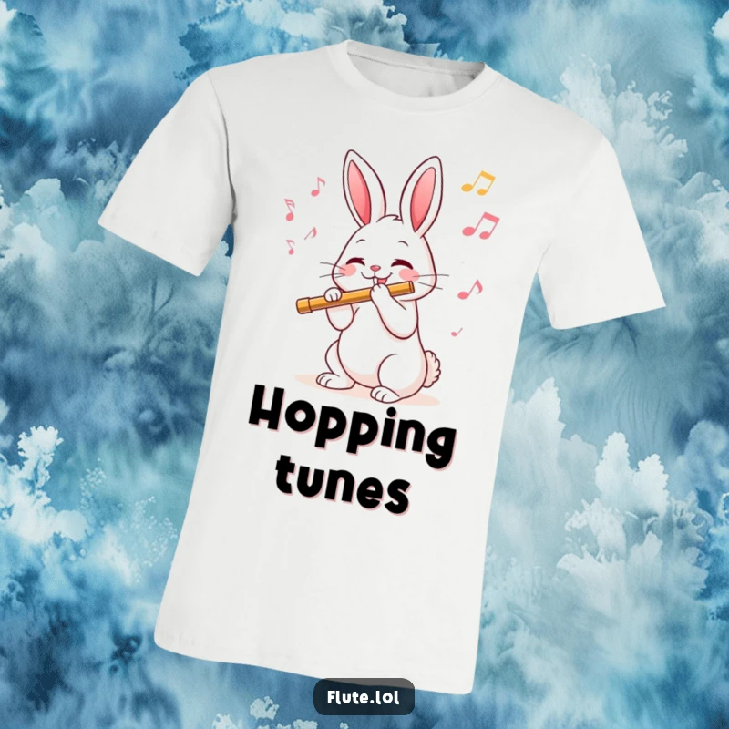 Funny t-shirt depicting a cheerful rabbit actively playing a flute, with animated musical notes surrounding it.