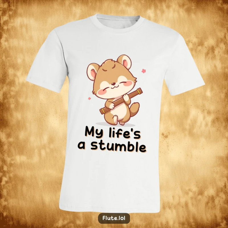 Funny t-shirt featuring an animal comically tripping while precariously holding a flute, mid-fall with a surprised expression.