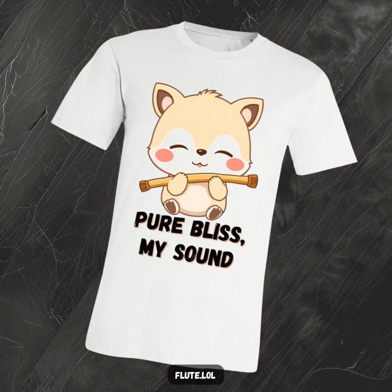 Funny t-shirt showing a serene animal with closed eyes, mouth gently blowing into a flute, lost in musical bliss.