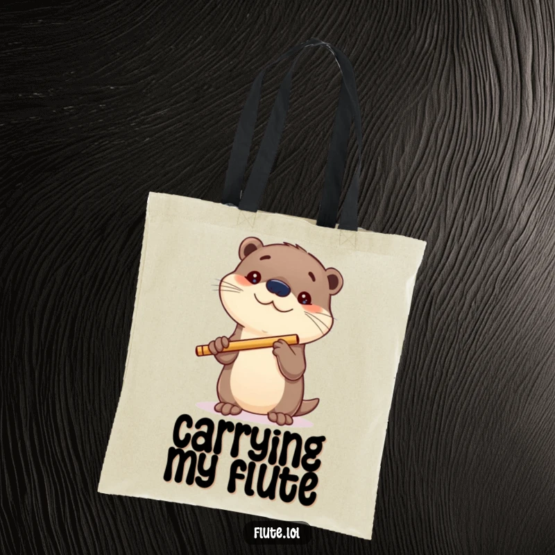 Funny tote bag with a playful otter holding a flute, showcasing curiosity and ready for any musical journey.