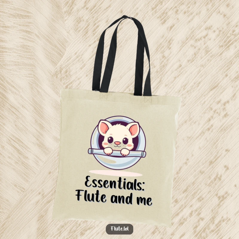 Funny tote bag illustrating a small, curious animal peeking out from a large, shiny flute, showcasing a humorous surprise.
