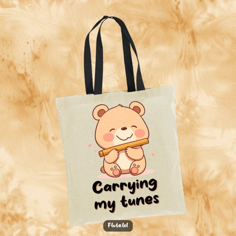 Smiling bear playing a flute with a happy expression, perfect for carrying music sheets or daily essentials on this tote bag.
