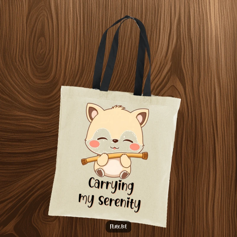 Funny tote bag with a blissful animal, eyes closed, blowing into a flute, radiating serene musical vibes.