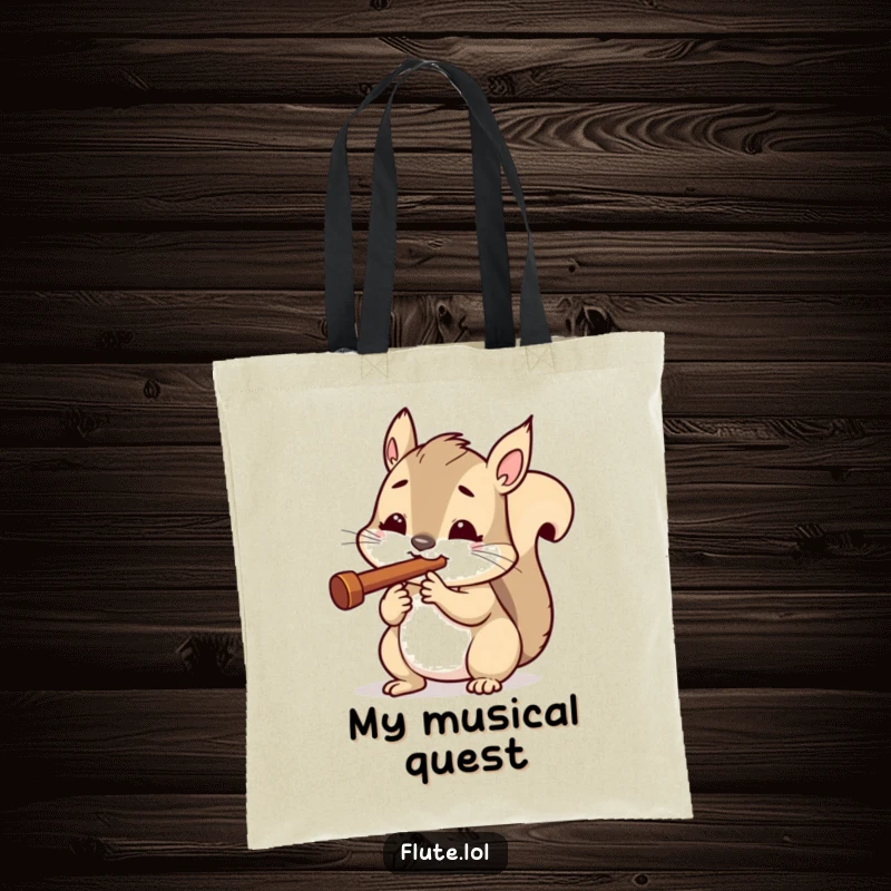 Funny tote bag with a determined squirrel playing a tiny flute, symbolizing focus and drive for everyday tasks.